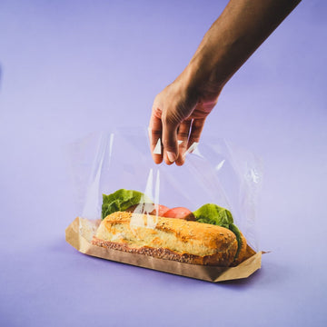 mano che tiene sacchetto di plastica con dentro panino